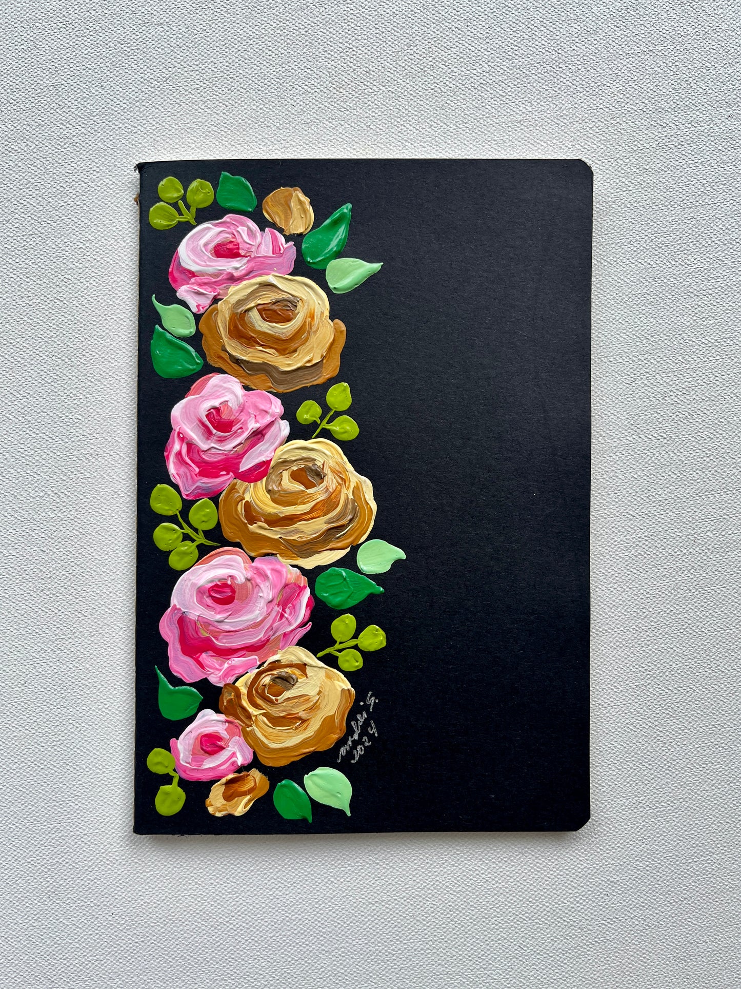 (Thin) Hand-painted Journal (pink & yellow on black) (CHRISTMAS SALE)