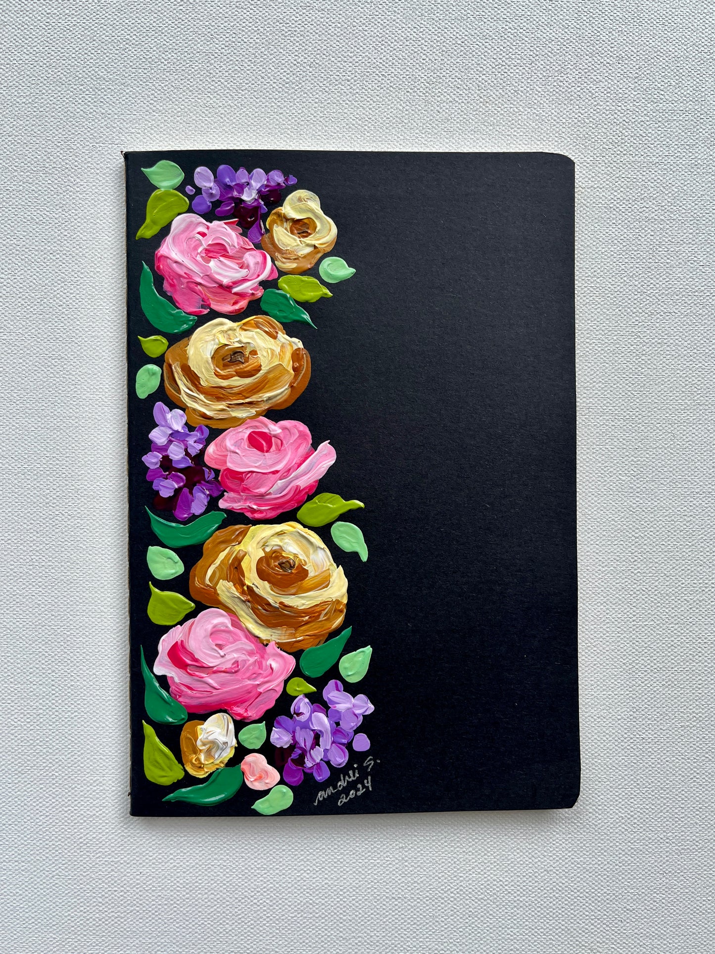 (Thin) Hand-painted Journal (pink colorful 2 on black) (CHRISTMAS SALE)